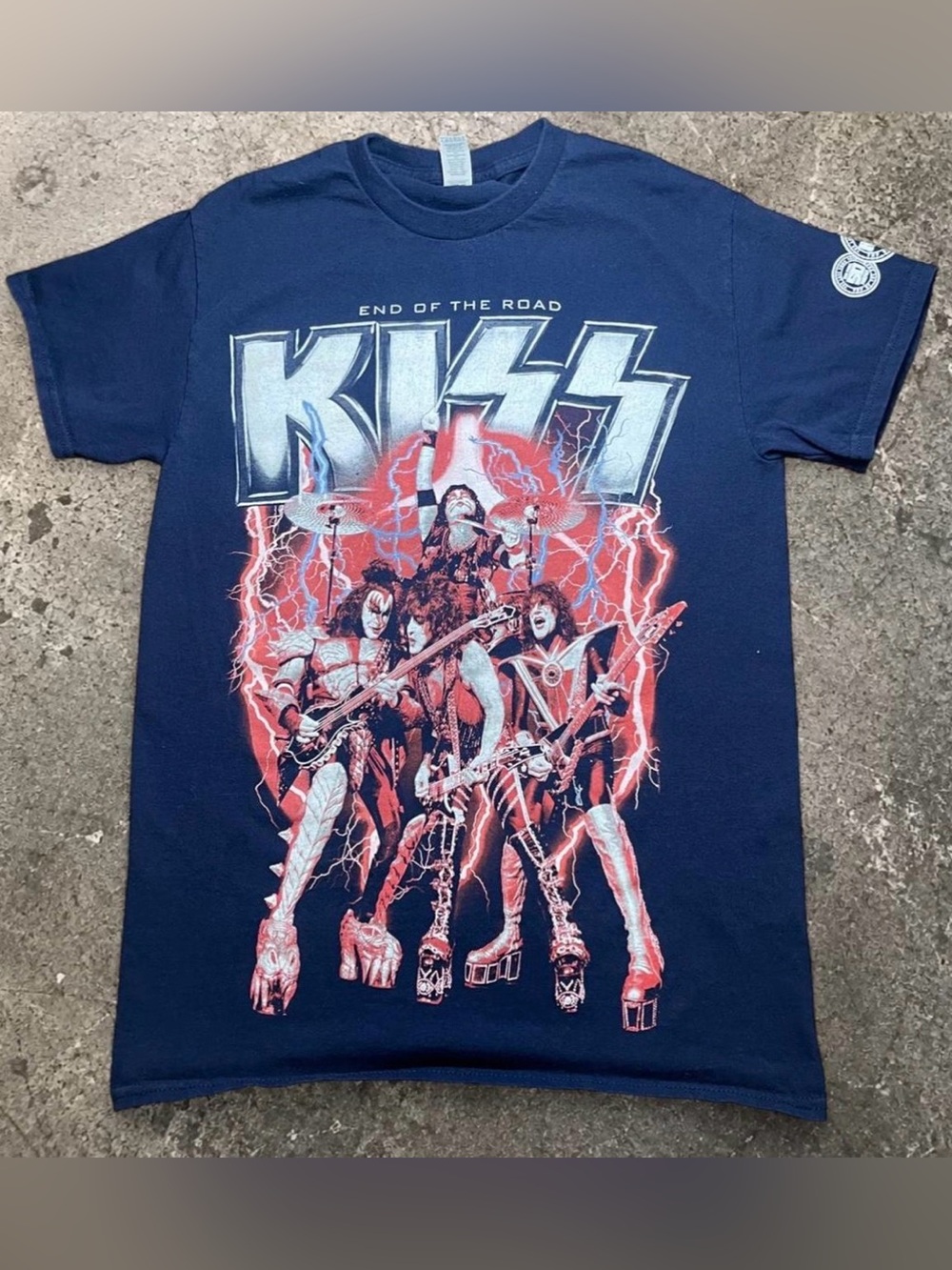 KISS Men’s Navy 'End of the Road' Gildan Navy Blue Red Graphic Grunge Rock Shirt
